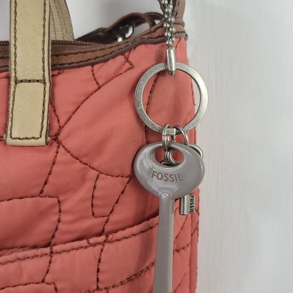 FOSSIL “Key Per” Orange Quilted Brown Trim Crossbody Bag Purse Adjustable Strap - Picture 4 of 8